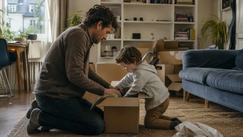 A father and his young son unpacking a moving box in a London living room