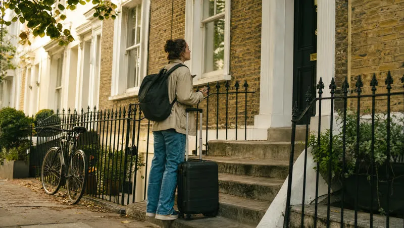 A student with a backpack and suitcase arriving at the steps of a London terrace