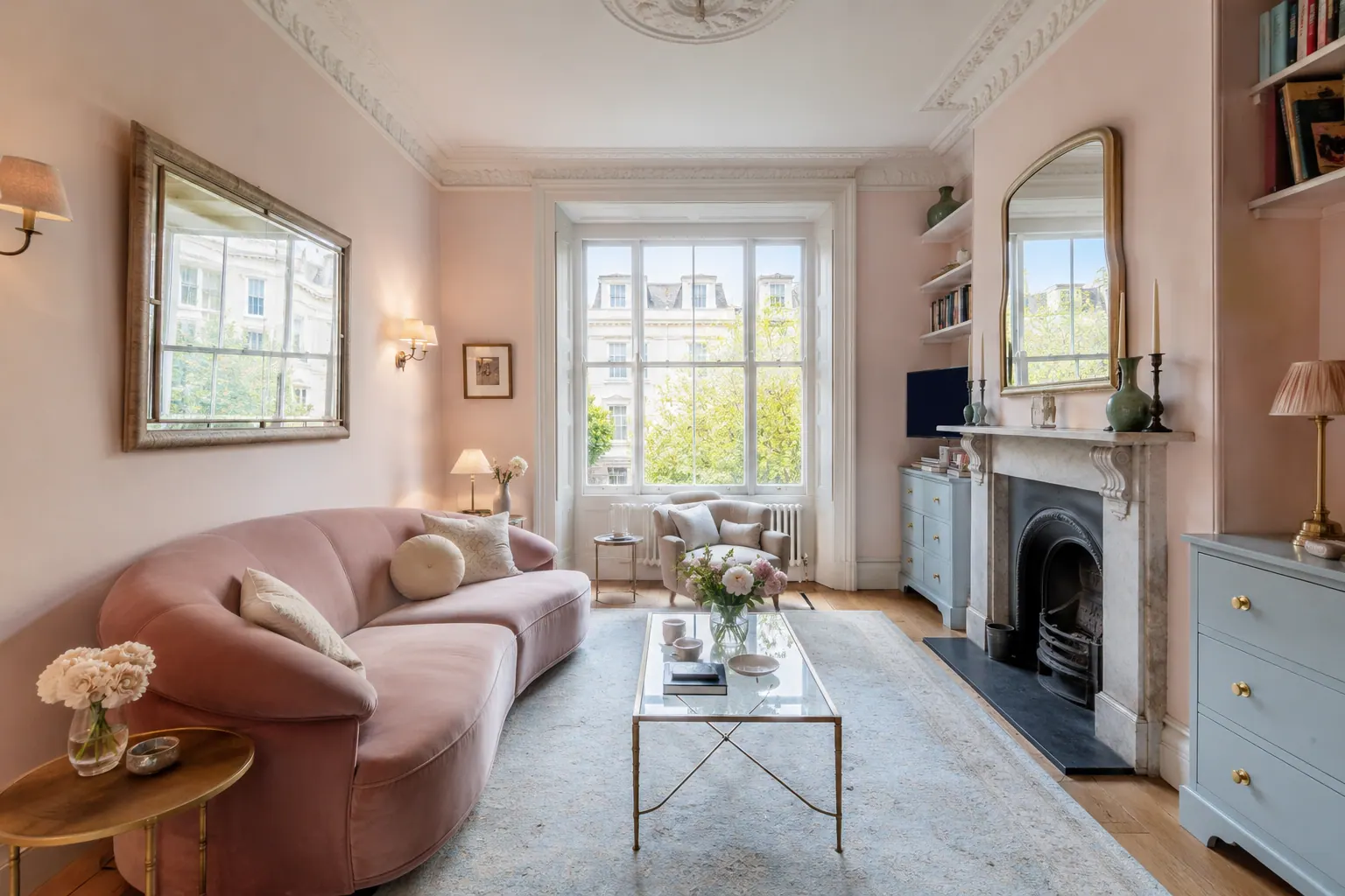 Pastel two-bed maisonette on a garden square, London